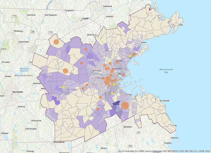 Map depicting the geographic distribution of survey responses (by zip code) for all FFY 2023 surveys in relationship to the distribution of minority population in the Boston region. The map also includes points where in-person events were held during FFY 2023. Most survey responses and events overlap with areas with medium to high percent of minority residents, but several zip codes with zero percent to 20 percent minority residents (in the western part of the region) had high numbers of responses, and several areas with higher percentages of minority residents (including south of Boston) were less engaged.